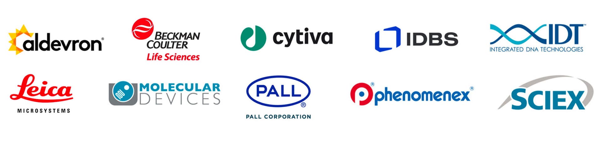 Partner logos - Aldveron, Becker Coulter Life Sciences, Cytiva, IDBS, Integrated DNA Technologies, Leica Microsystems, Molecular devices, Pall corporation, Phenomenex, Sciex